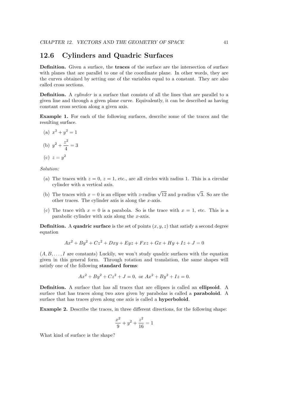 12.6 Cylinders and Quadric Surfaces