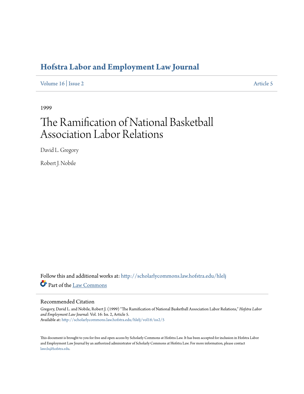 The Ramification of National Basketball Association Labor Relations David L