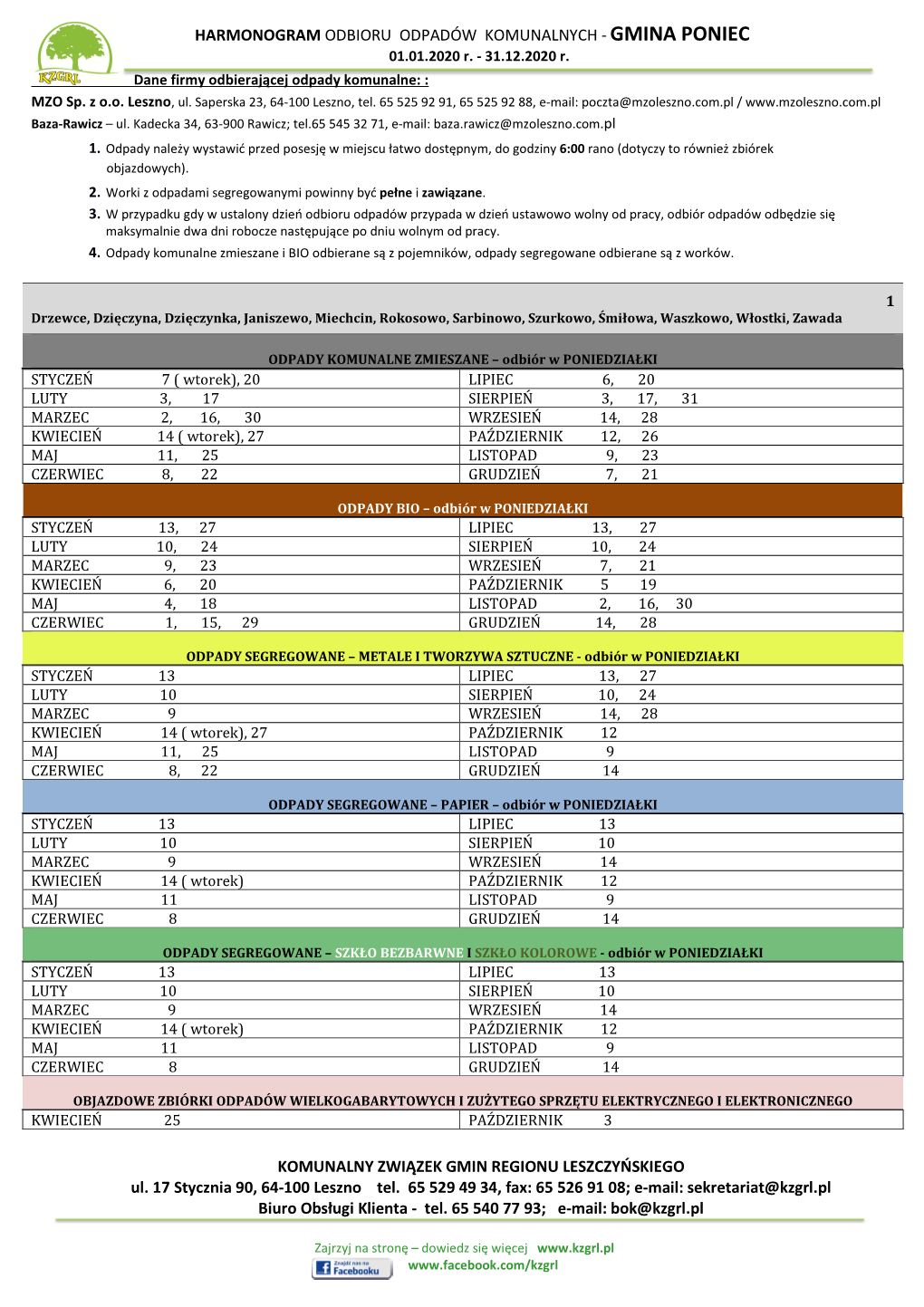 HARMONOGRAM ODBIORU ODPADÓW KOMUNALNYCH - GMINA PONIEC 01.01.2020 R