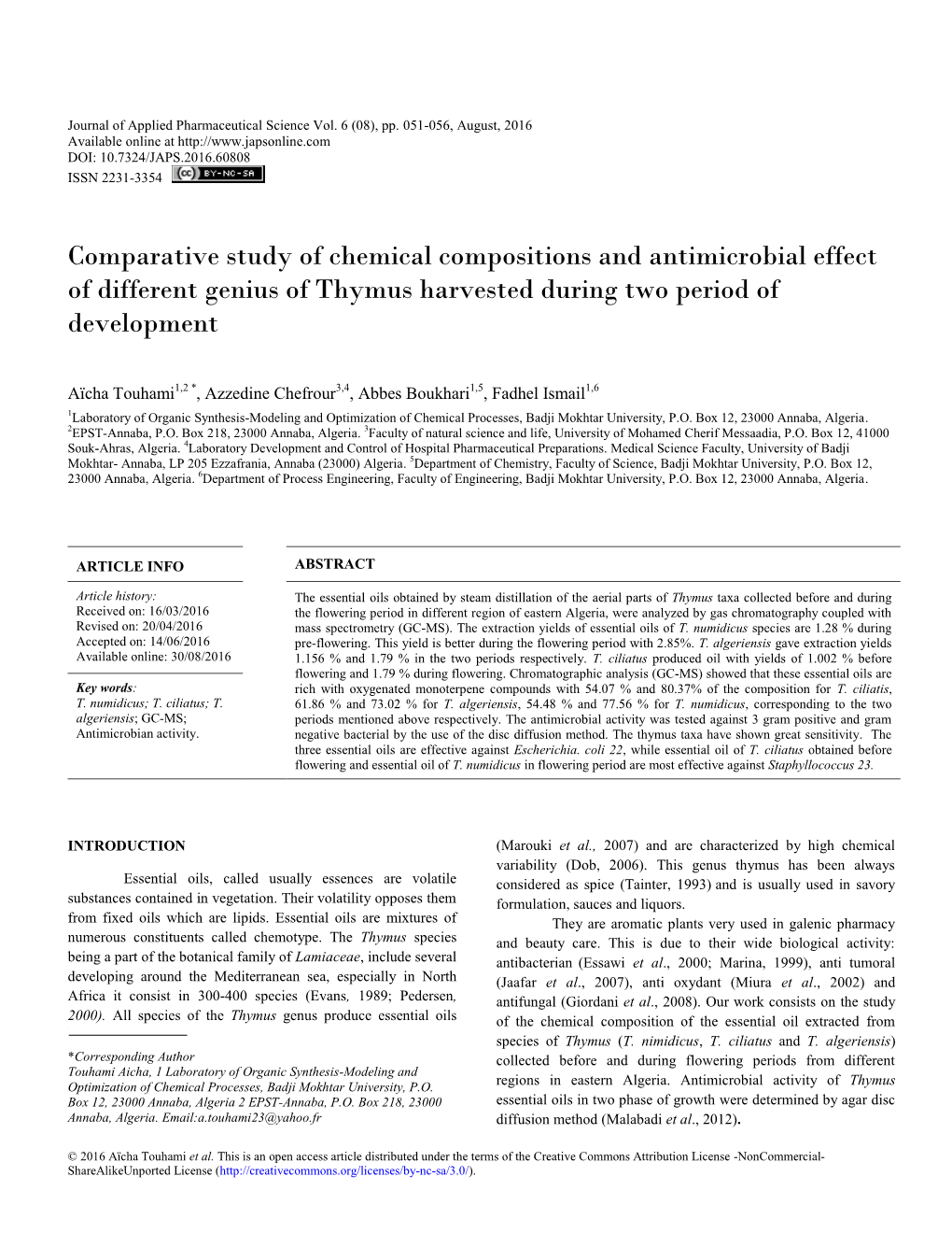 Comparative Study of Chemical Compositions and Antimicrobial Effect of Different Genius of Thymus Harvested During Two Period of Development