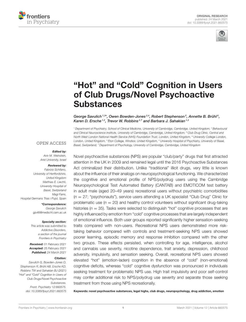 ``Hot'' and ``Cold'' Cognition in Users of Club Drugs/Novel Psychoactive