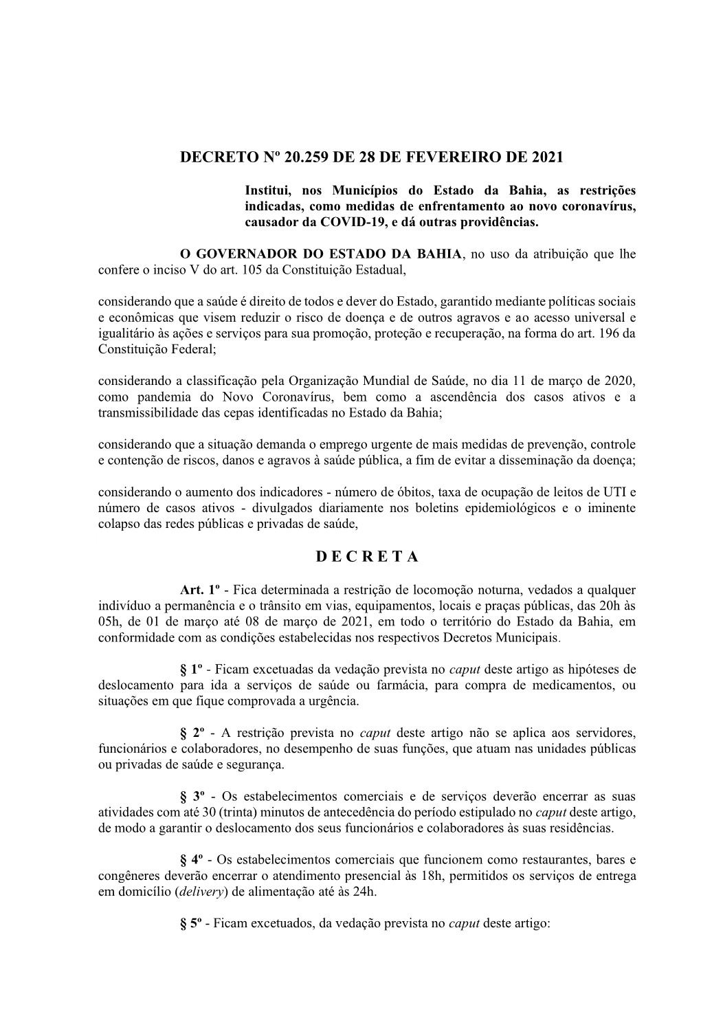 Decreto Nº 20.259 De 28 De Fevereiro De 2021
