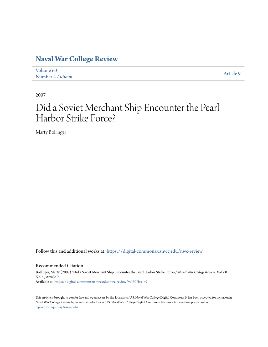 Did a Soviet Merchant Ship Encounter the Pearl Harbor Strike Force? Marty Bollinger