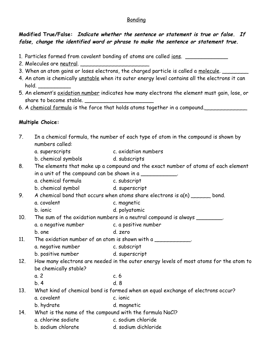 Test: Chemical Bonding