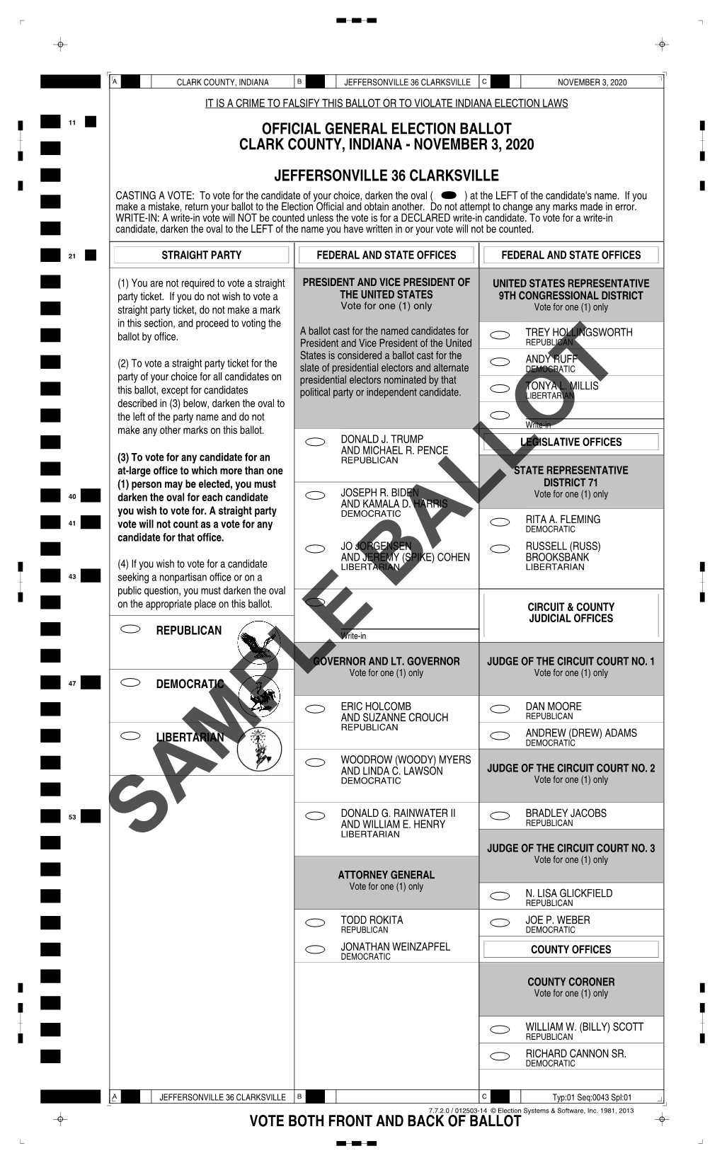 Official General Election Ballot Clark County, Indiana - November 3, 2020