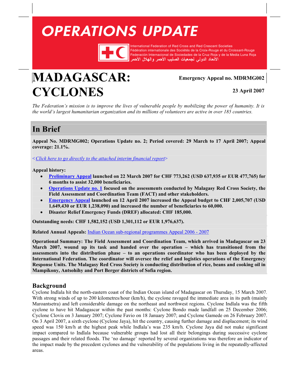 Madagascar: Cyclones; Emergency Appeal No