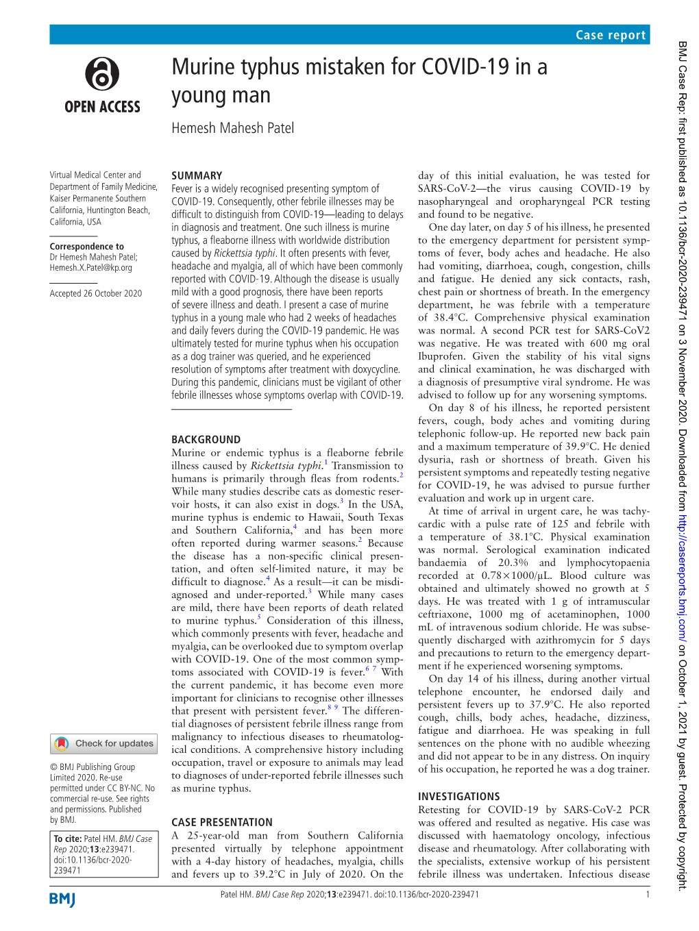 Murine Typhus Mistaken for COVID-19 in a Young Man Hemesh Mahesh Patel