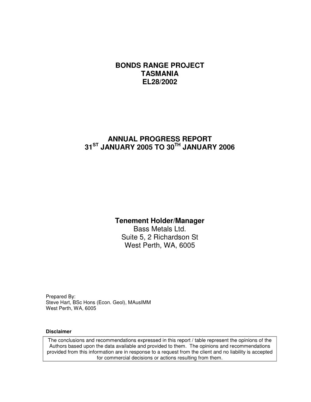 Bonds Range Project Tasmania El28/2002 Annual