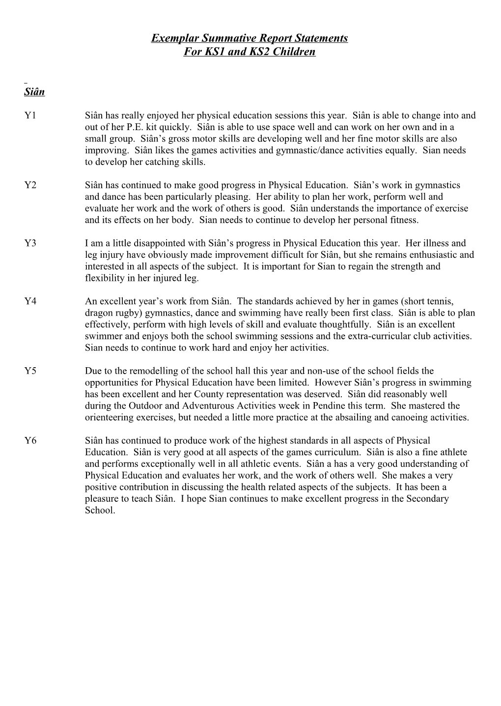 Exemplar Summative Report Statements