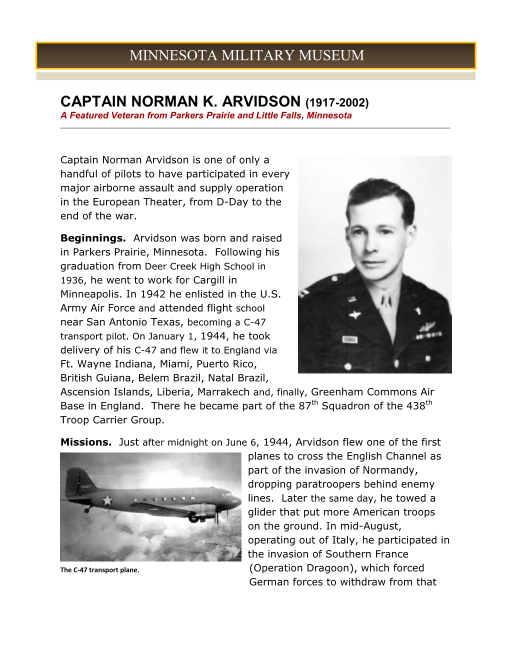 CAPTAIN NORMAN K. ARVIDSON (1917-2002) a Featured Veteran from Parkers Prairie and Little Falls, Minnesota