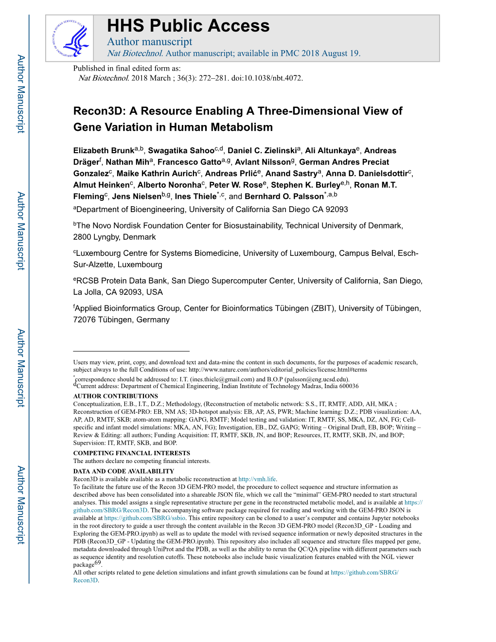 Recon3d: a Resource Enabling a Three-Dimensional View of Gene Variation in Human Metabolism