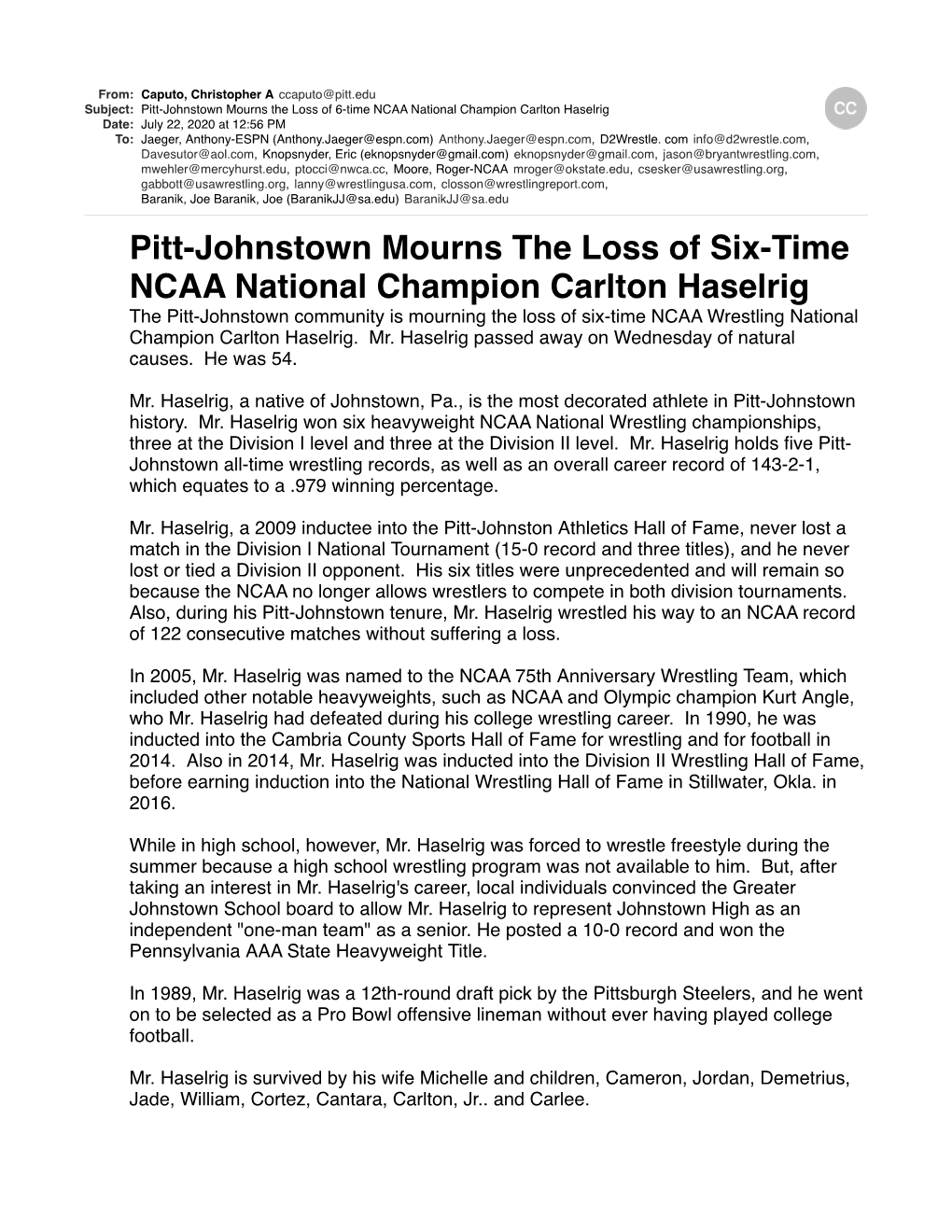 Pittjohnstown Mourns the Loss of 6Time NCAA National Champion