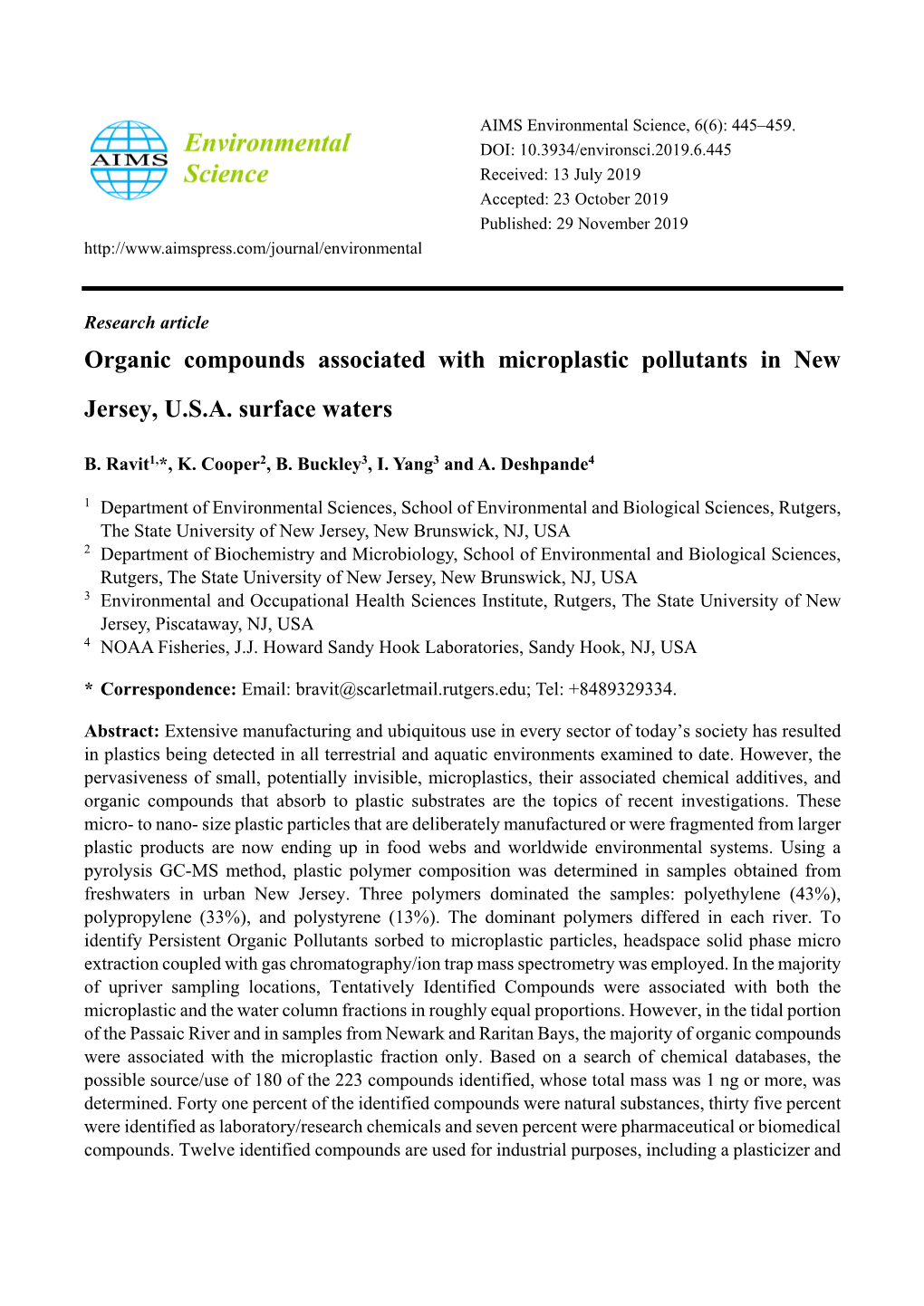 Organic Compounds Associated with Microplastic Pollutants in New Jersey, U.S.A
