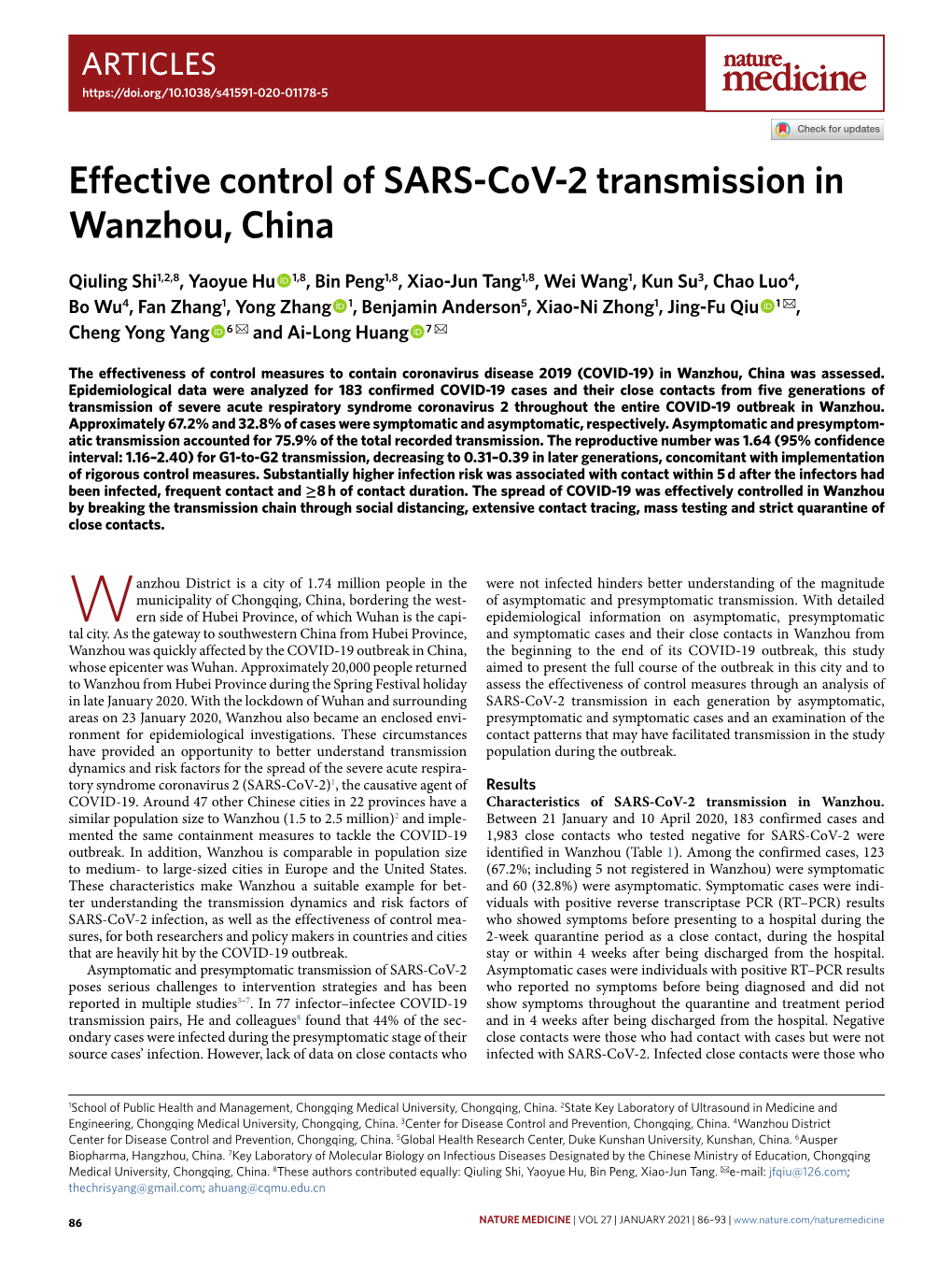 Effective Control of SARS-Cov-2 Transmission in Wanzhou, China