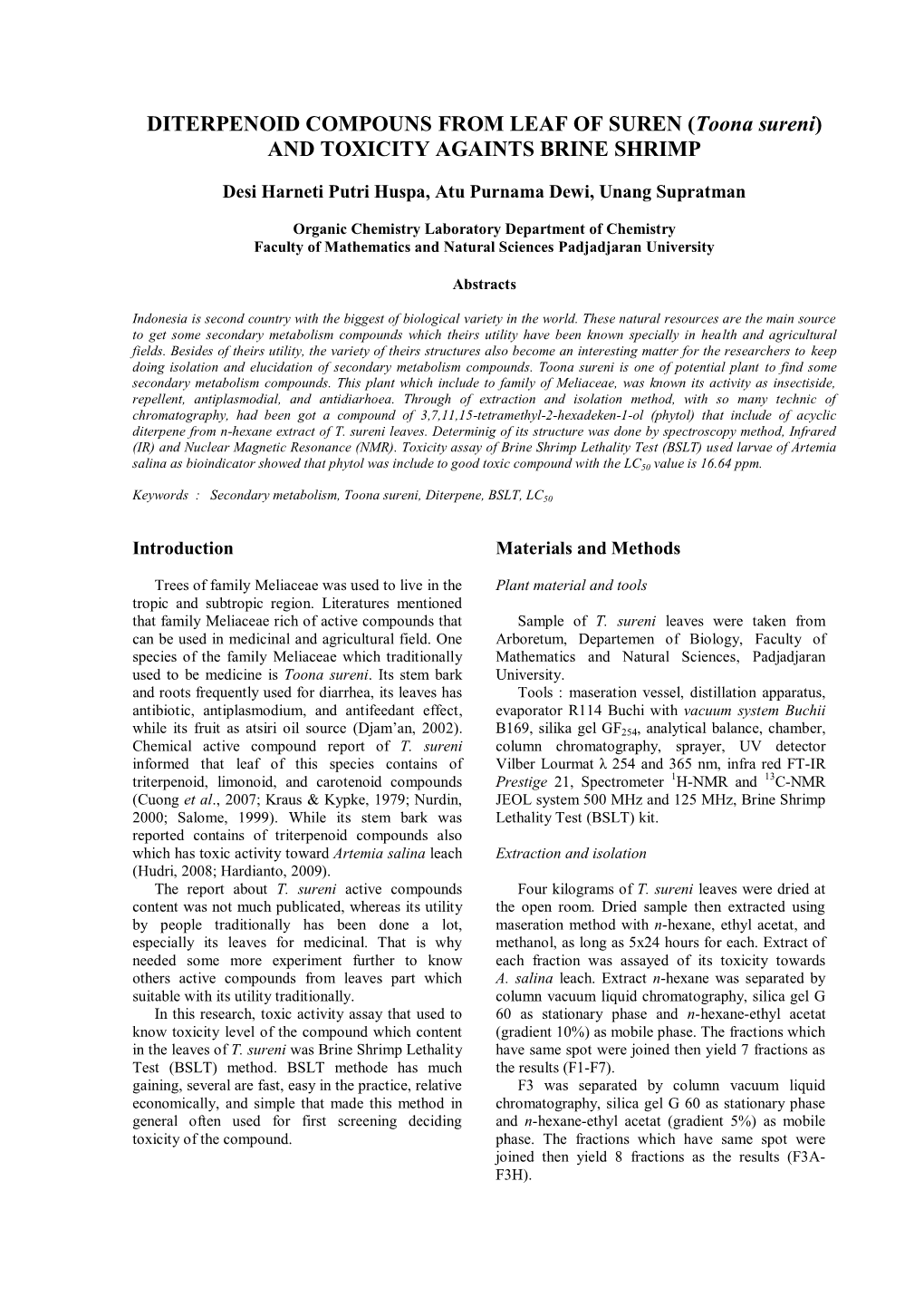 (Toona Sureni) and TOXICITY AGAINTS BRINE SHRIMP