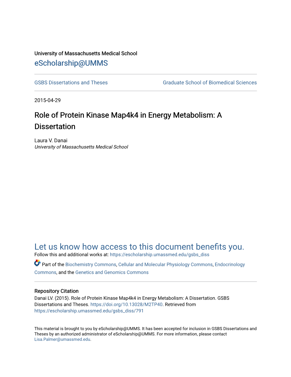 Role of Protein Kinase Map4k4 in Energy Metabolism: a Dissertation