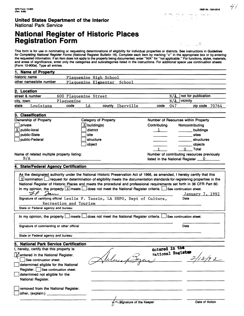 National Register of Historic Places Continuation Sheet Plaquemine High School, Iberville Parish, LA Section Number 7 Page I