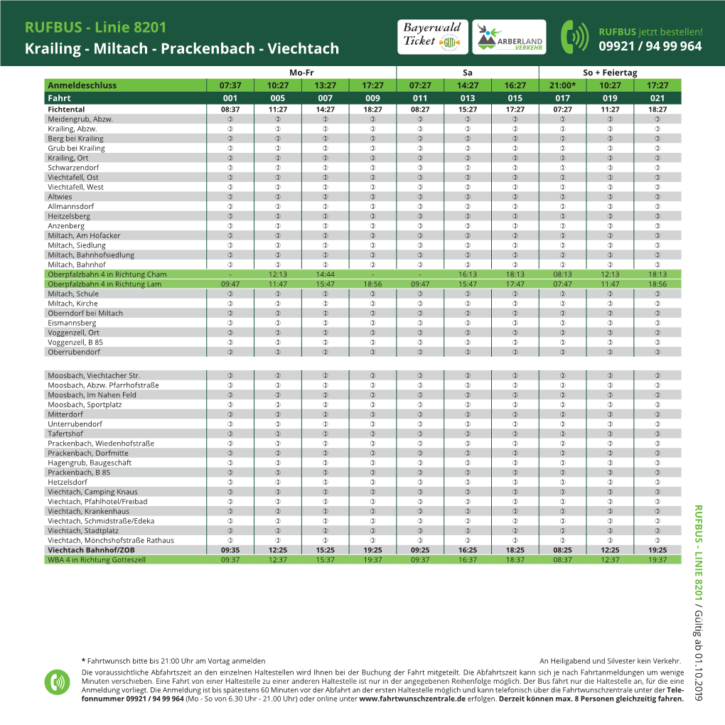 RUFBUS - Linie 8201 Bayerwald RUFBUS Jetzt Bestellen! Ticket Krailing - Miltach - Prackenbach - Viechtach 09921 / 94 99 964
