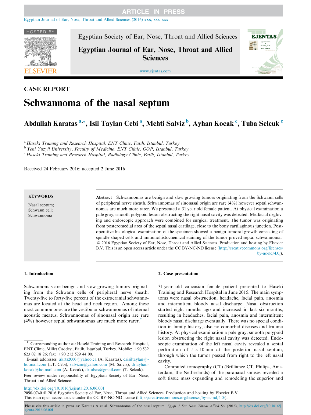 Schwannoma of the Nasal Septum