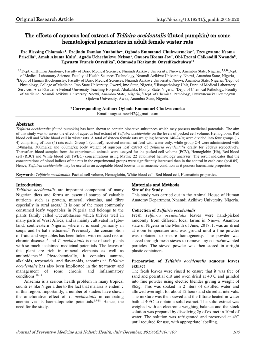 The Effects of Aqueous Leaf Extract of Telfaira Occidentalis (Fluted Pumpkin) on Some Hematological Parameters in Adult Female Wistar Rats