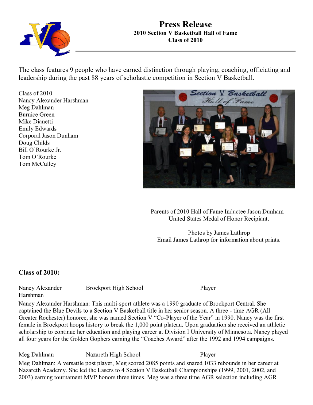 Press Release 2010 Section V Basketball Hall of Fame Class of 2010