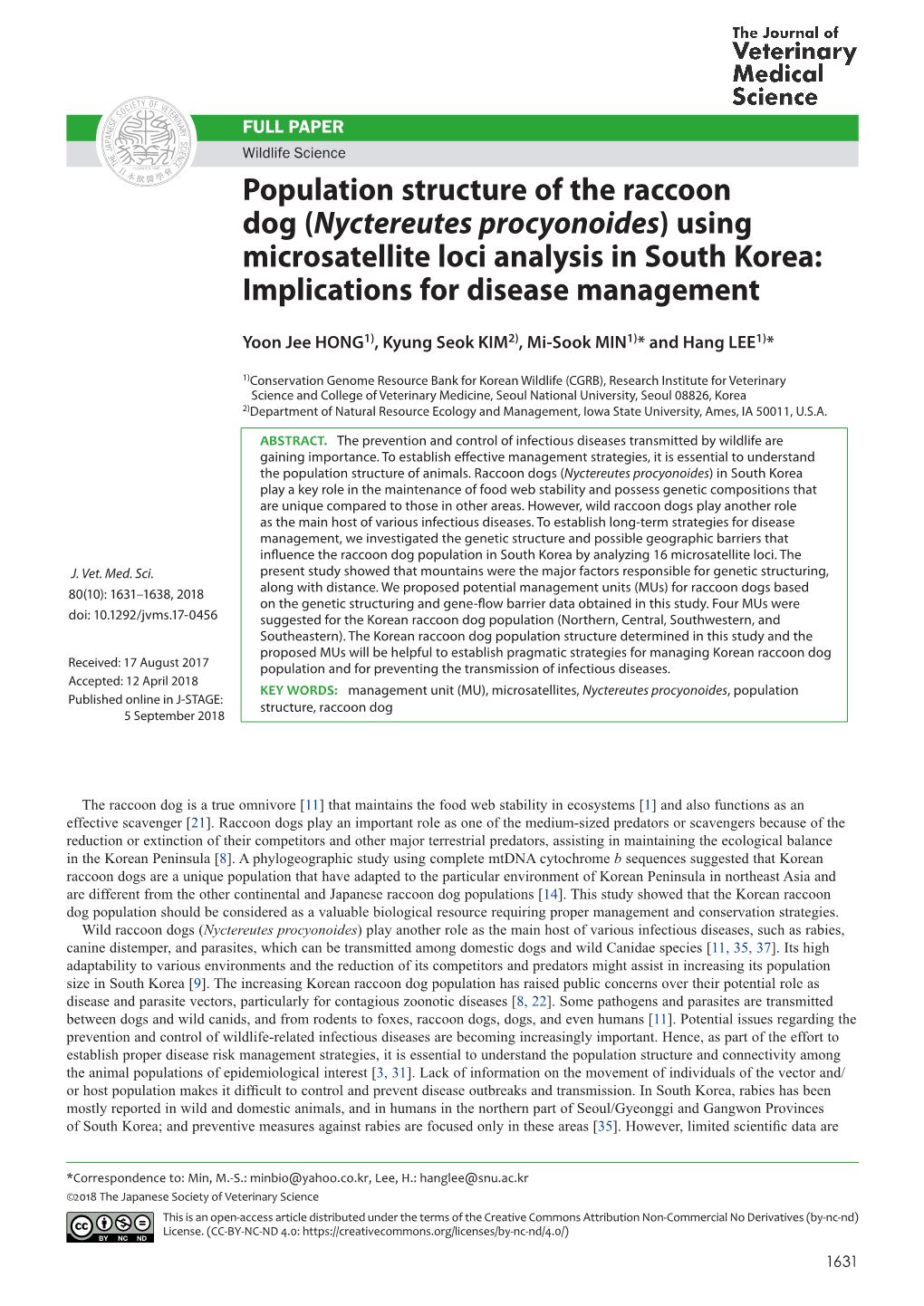 Population Structure of the Raccoon Dog (Nyctereutes Procyonoides) Using Microsatellite Loci Analysis in South Korea: Implications for Disease Management