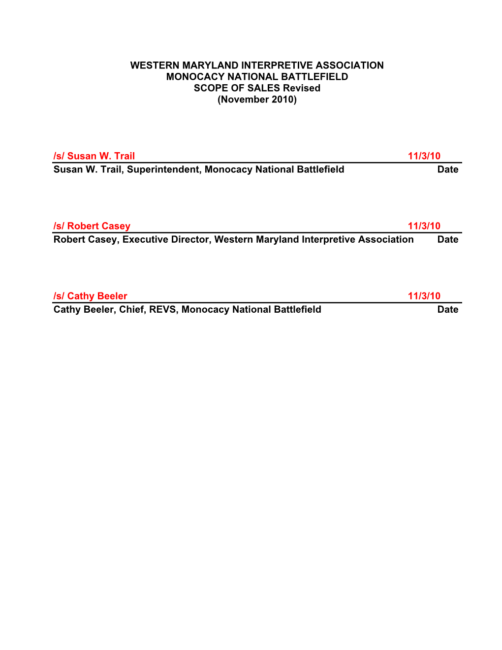 MONOCACY NATIONAL BATTLEFIELD SCOPE of SALES Revised (November 2010)