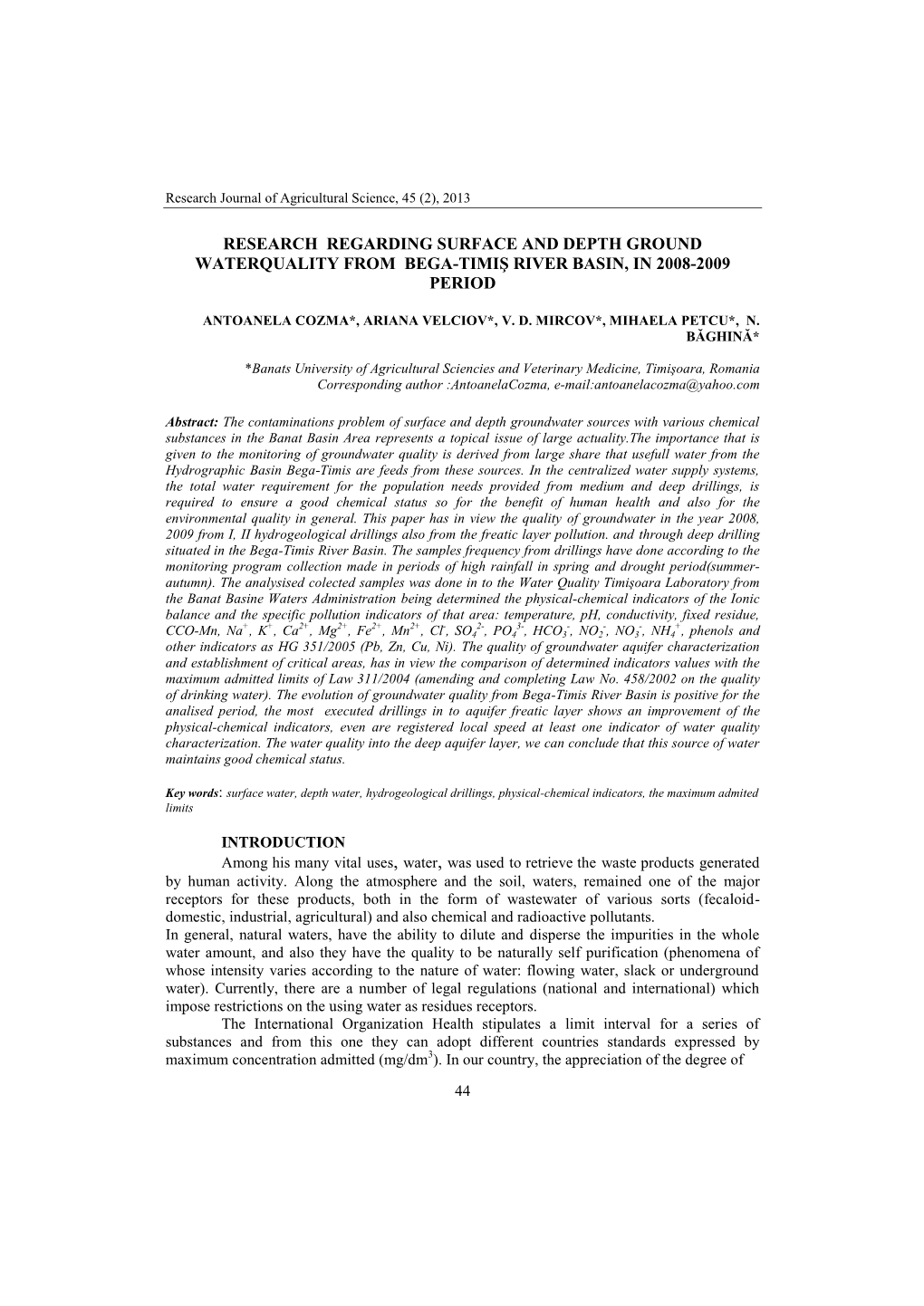 Research Regarding Surface and Depth Ground Waterquality from Bega-Timiş River Basin, in 2008-2009 Period