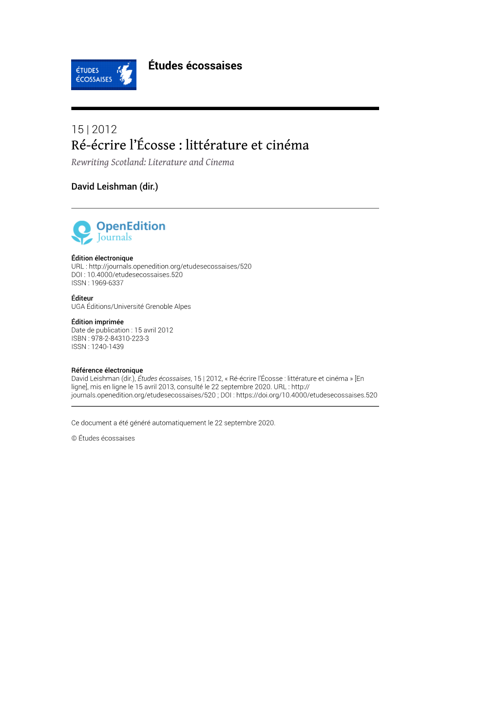 Études Écossaises, 15 | 2012, « Ré-Écrire L’Écosse : Littérature Et Cinéma » [En Ligne], Mis En Ligne Le 15 Avril 2013, Consulté Le 22 Septembre 2020