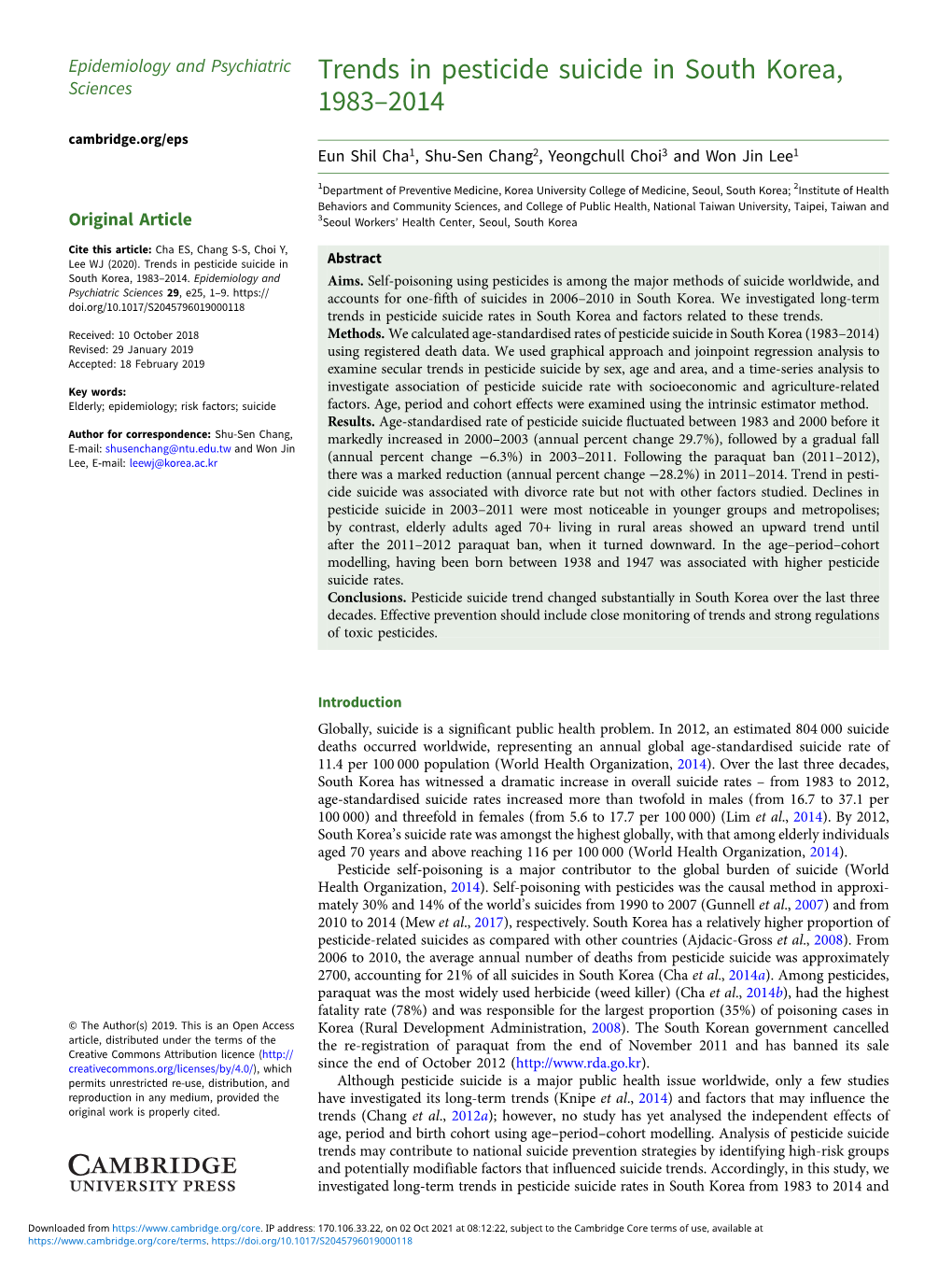 Trends in Pesticide Suicide in South Korea, 1983–2014