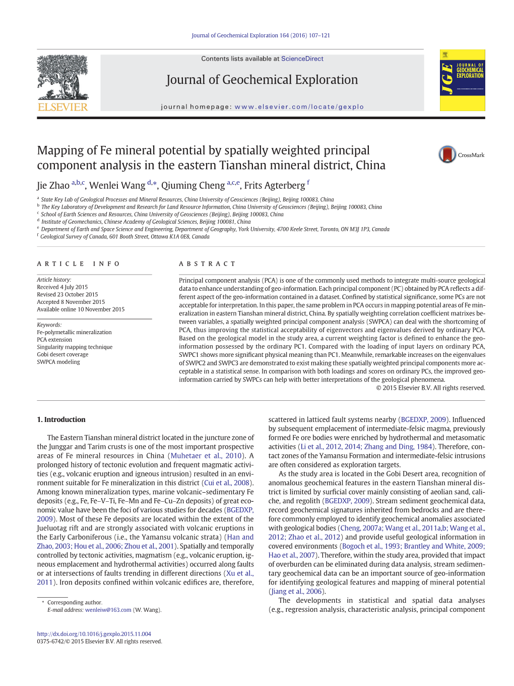 Mapping of Fe Mineral Potential by Spatially Weighted Principal Component Analysis in the Eastern Tianshan Mineral District, China