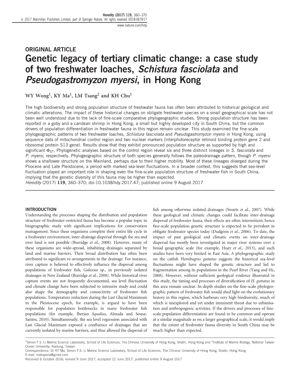 A Case Study of Two Freshwater Loaches, Schistura Fasciolata and Pseudogastromyzon Myersi,Inhongkong