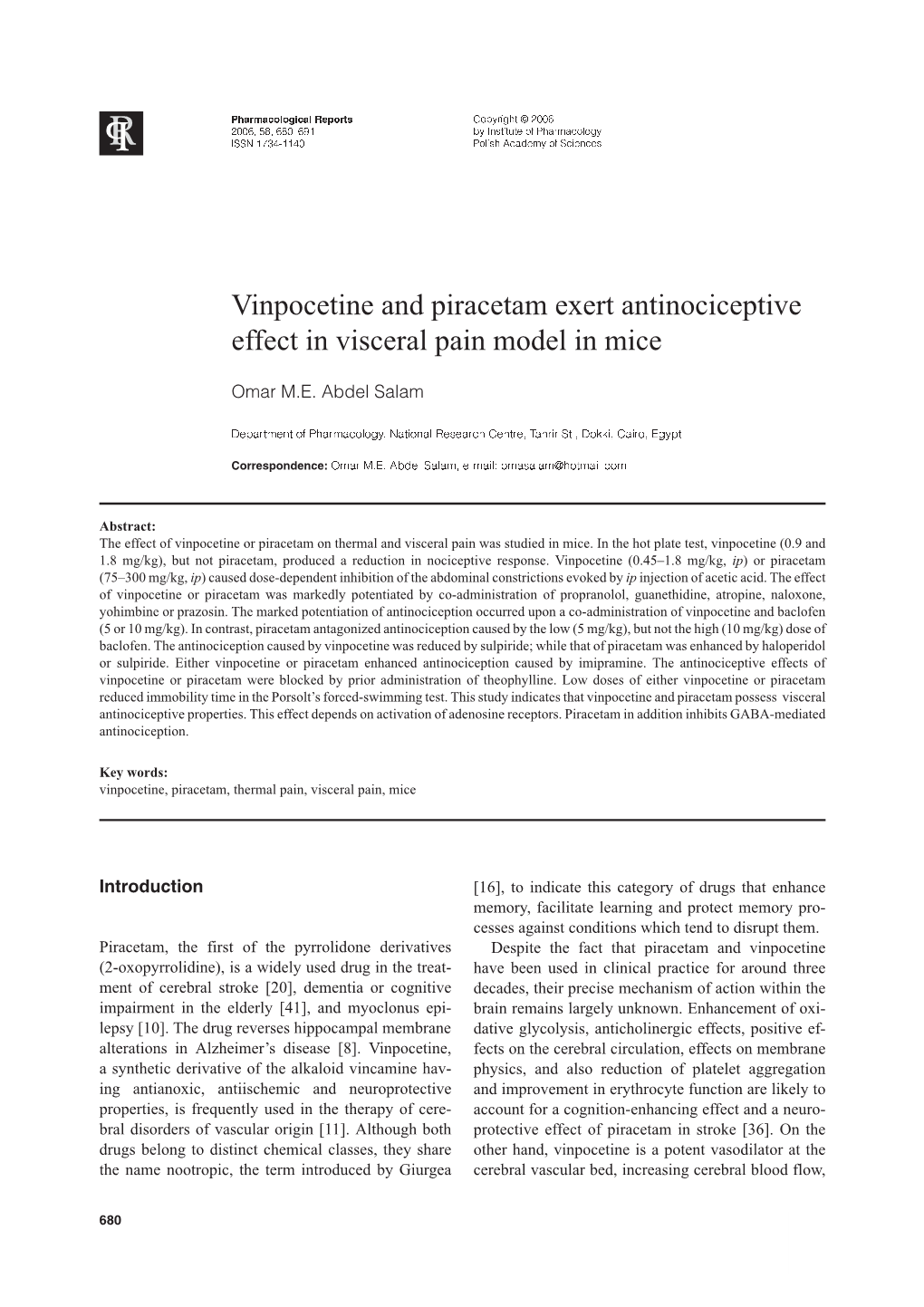 Vinpocetine and Piracetam Exert Antinociceptive Effect in Visceral Pain Model in Mice