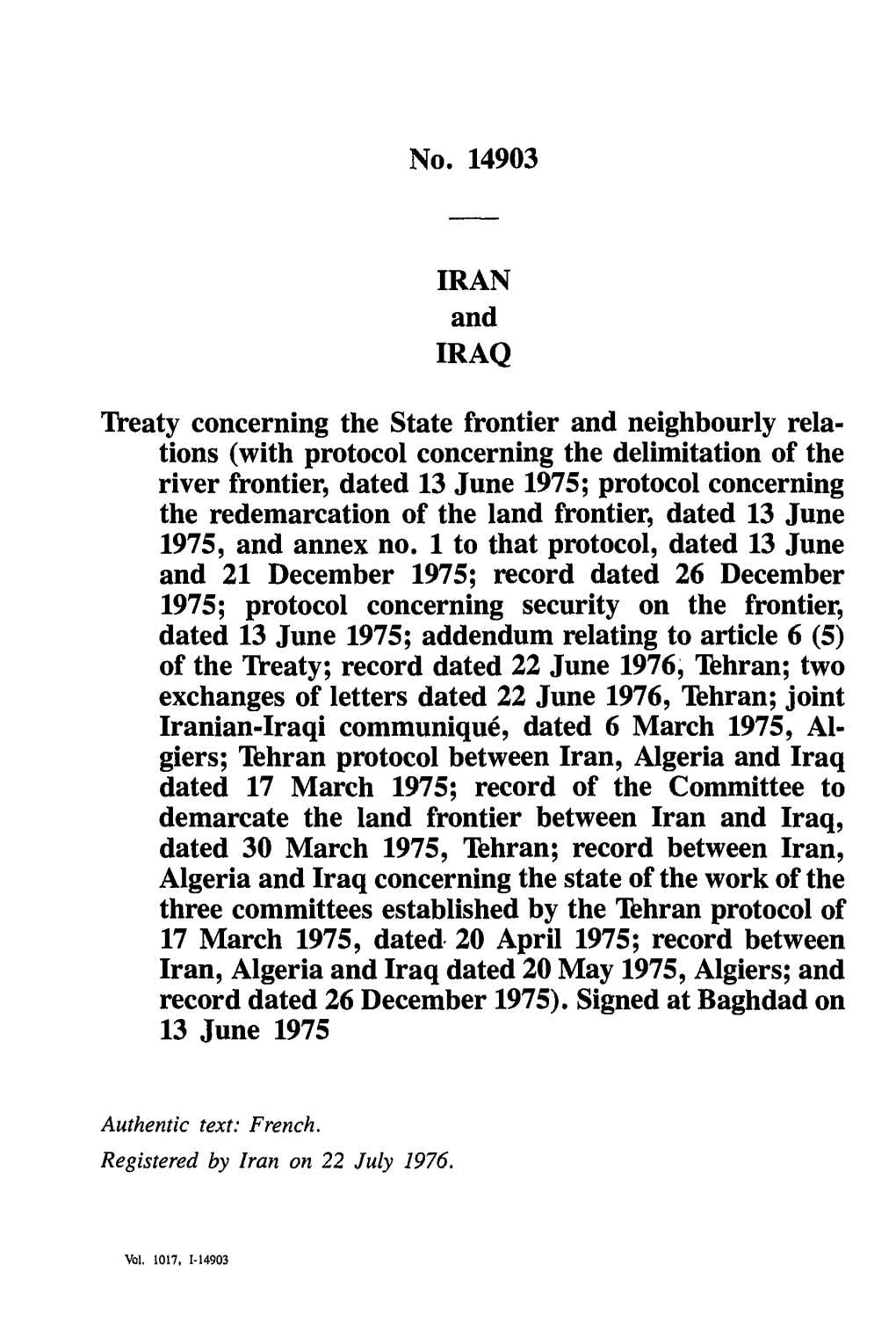 No. 14903 IRAN and IRAQ Treaty