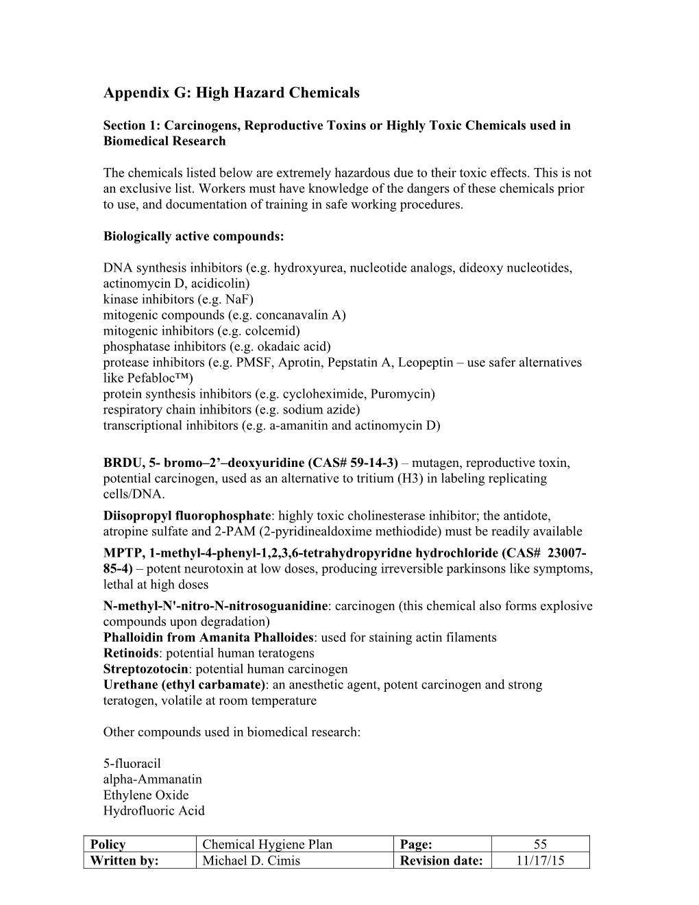 Appendix G: High Hazard Chemicals