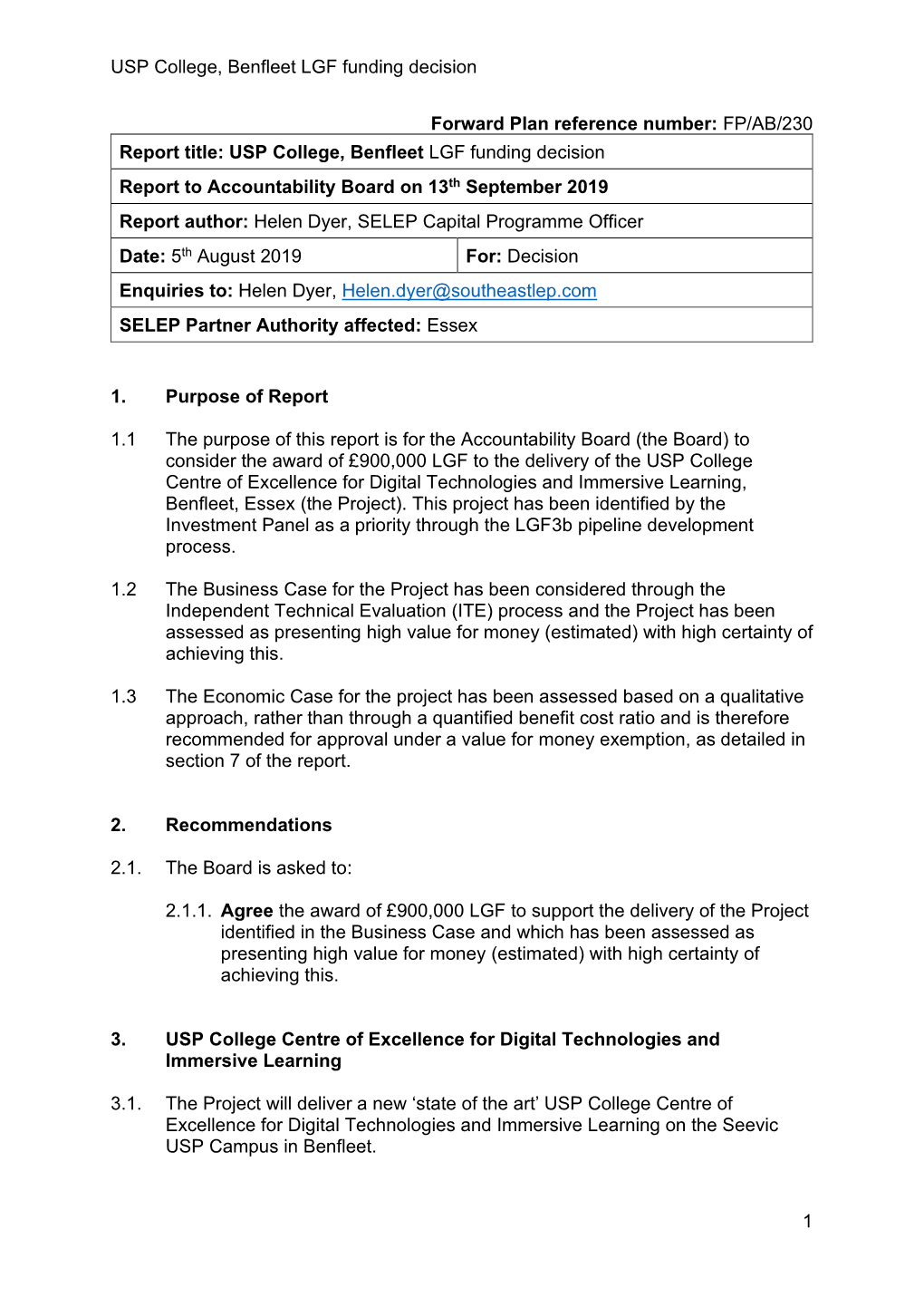 USP College, Benfleet LGF Funding Decision