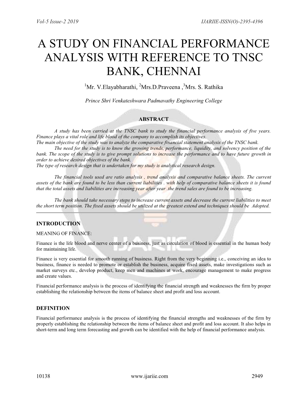 A Study on Financial Performance Analysis with Reference to Tnsc Bank, Chennai