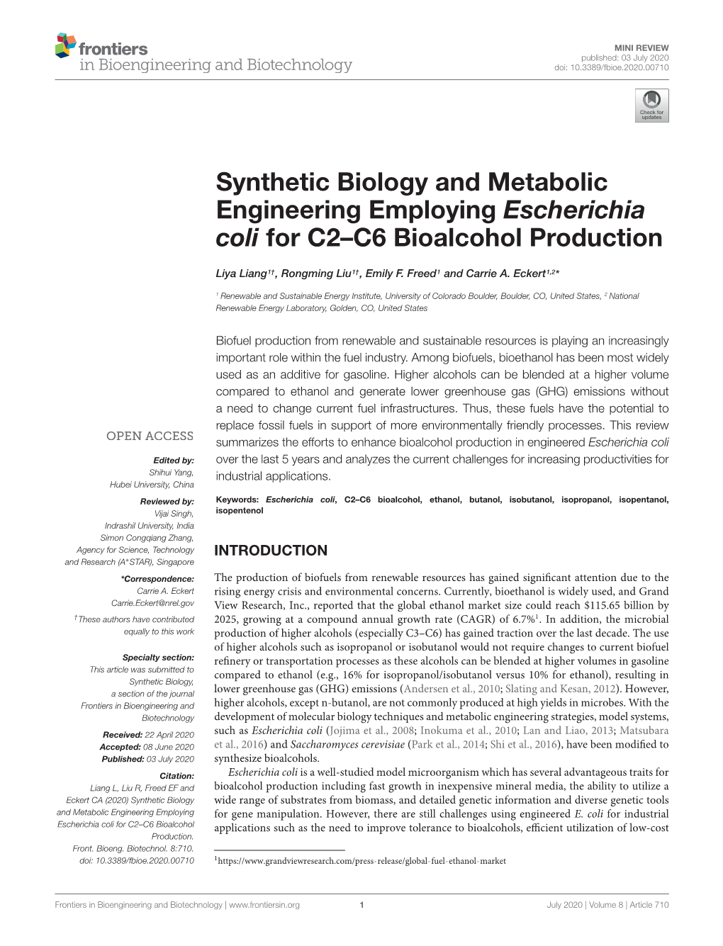 Synthetic Biology and Metabolic Engineering Employing Escherichia Coli for C2–C6 Bioalcohol Production