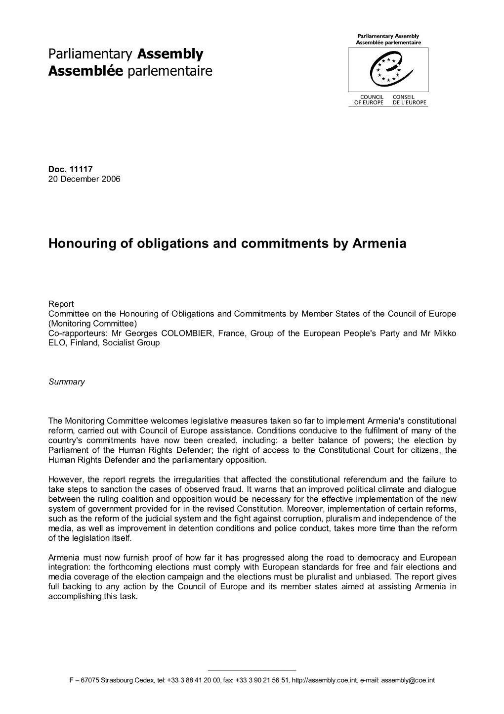 Honouring of Obligations and Commitments by Armenia
