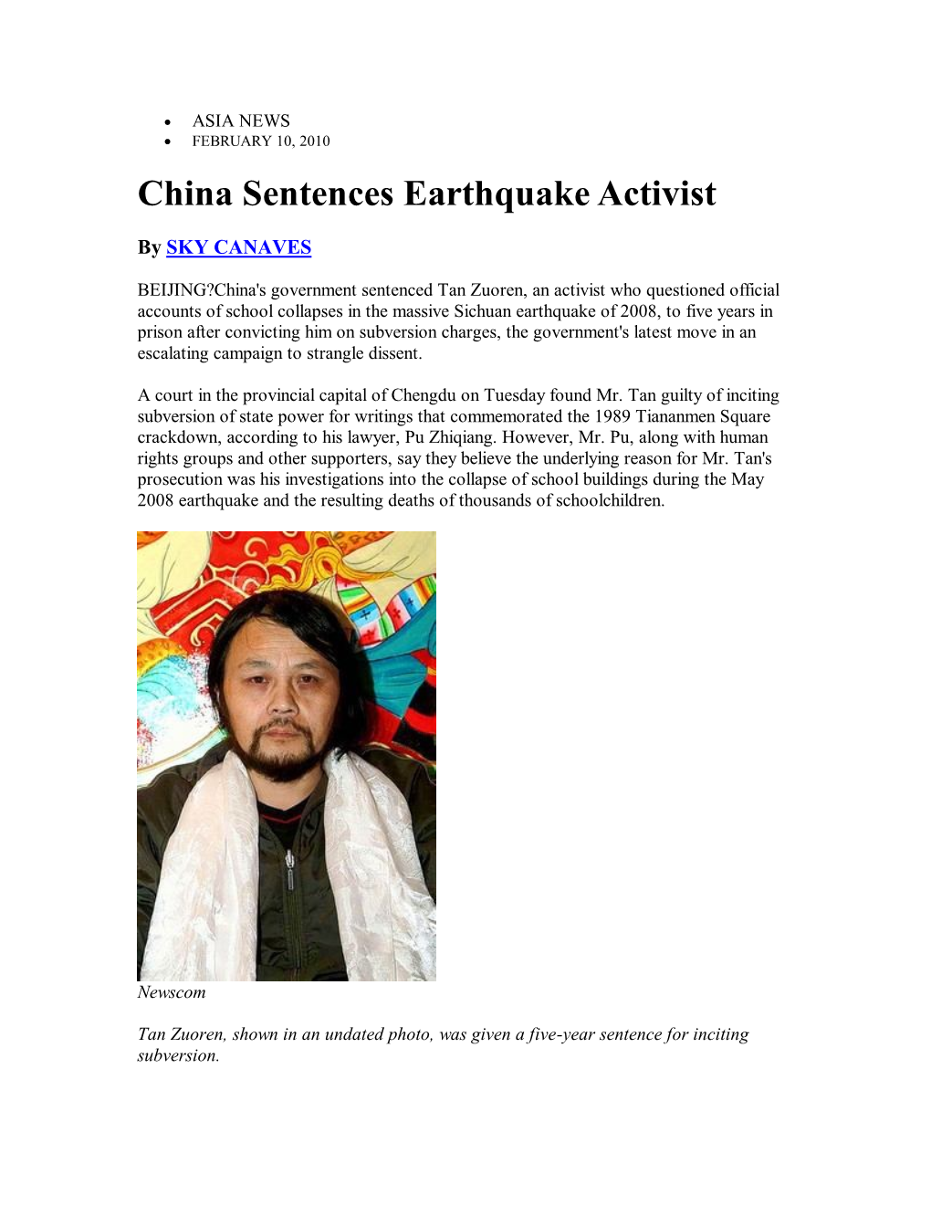 China Sentences Earthquake Activist