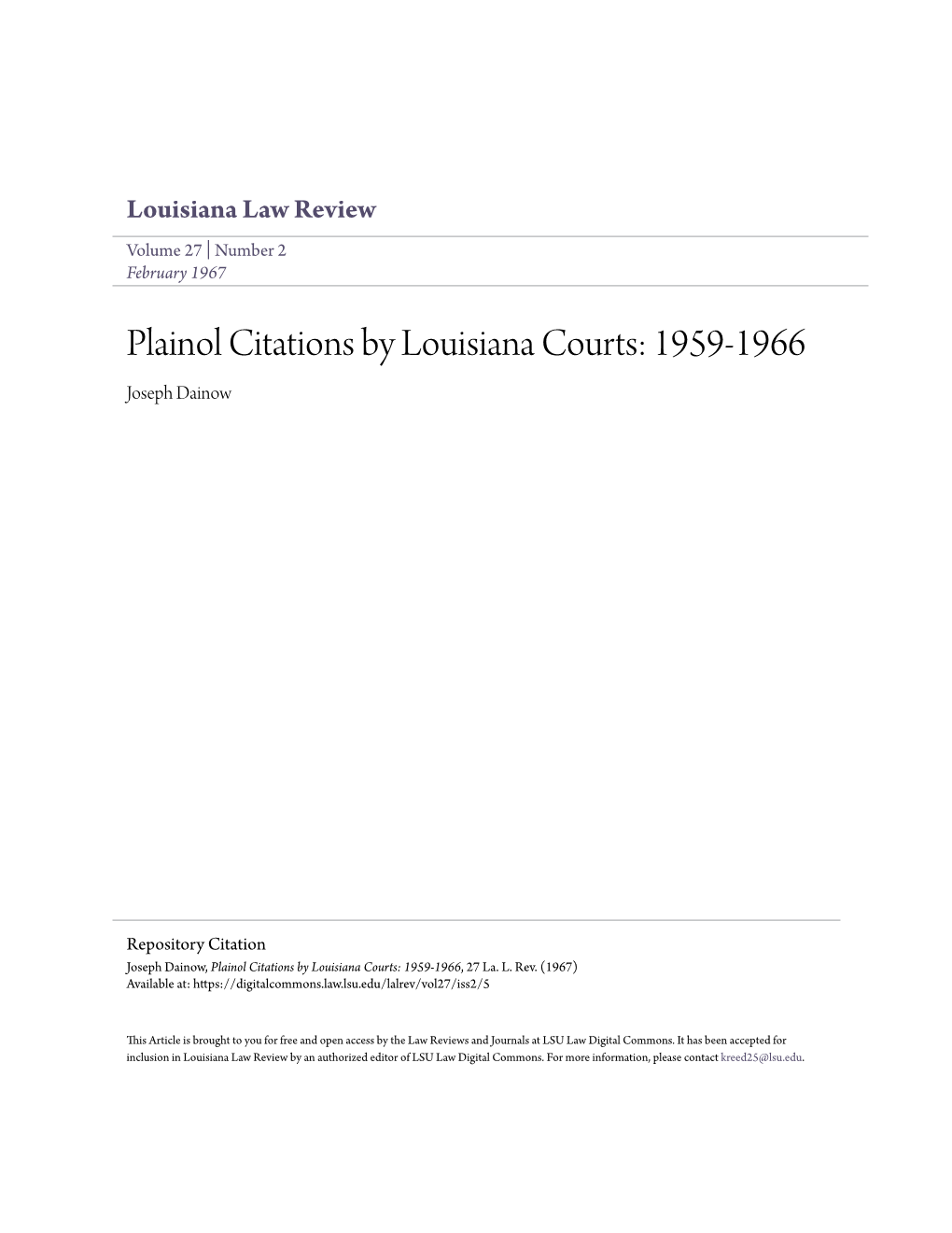 Plainol Citations by Louisiana Courts: 1959-1966 Joseph Dainow