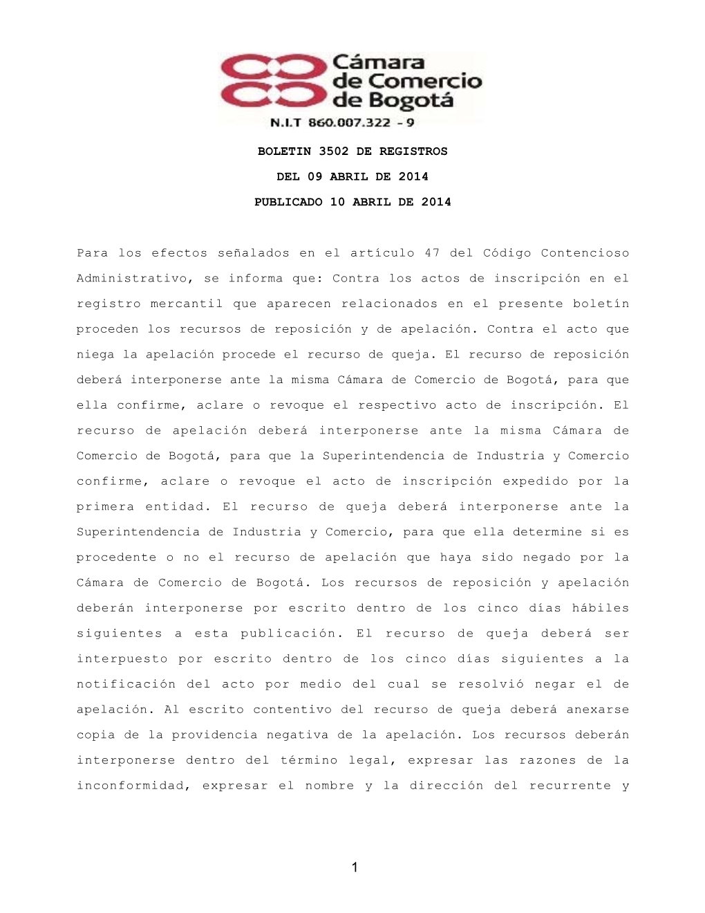 Boletin 3502 De Registros Del 09 Abril De 2014 Publicado 10 Abril De 2014