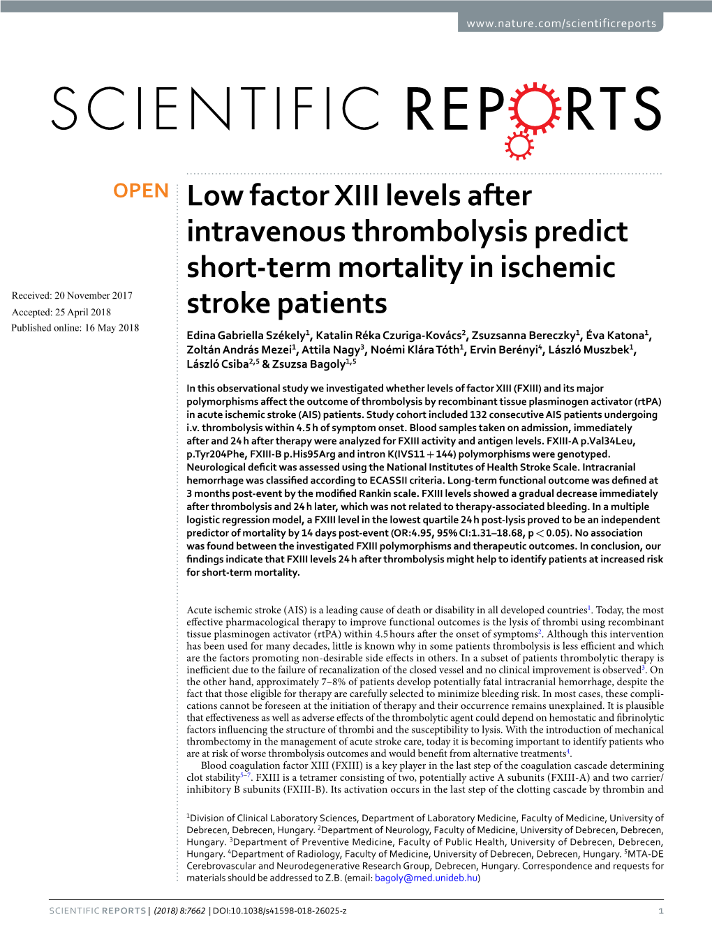 Low Factor XIII Levels After Intravenous Thrombolysis Predict Short-Term