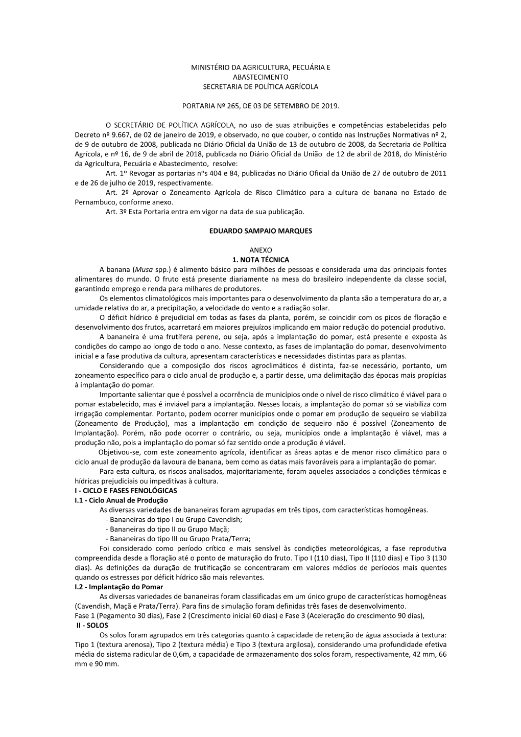 Ministério Da Agricultura, Pecuária E Abastecimento Secretaria De Política Agrícola