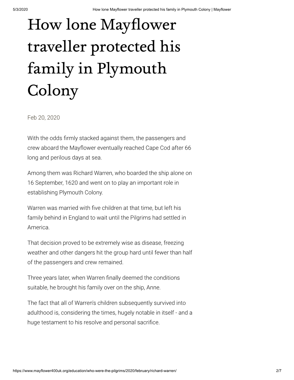 How Lone Mayflower Traveller Protected His Family in Plymouth Colony | Mayflower How Lone Mayﬂower Traveller Protected His Family in Plymouth Colony