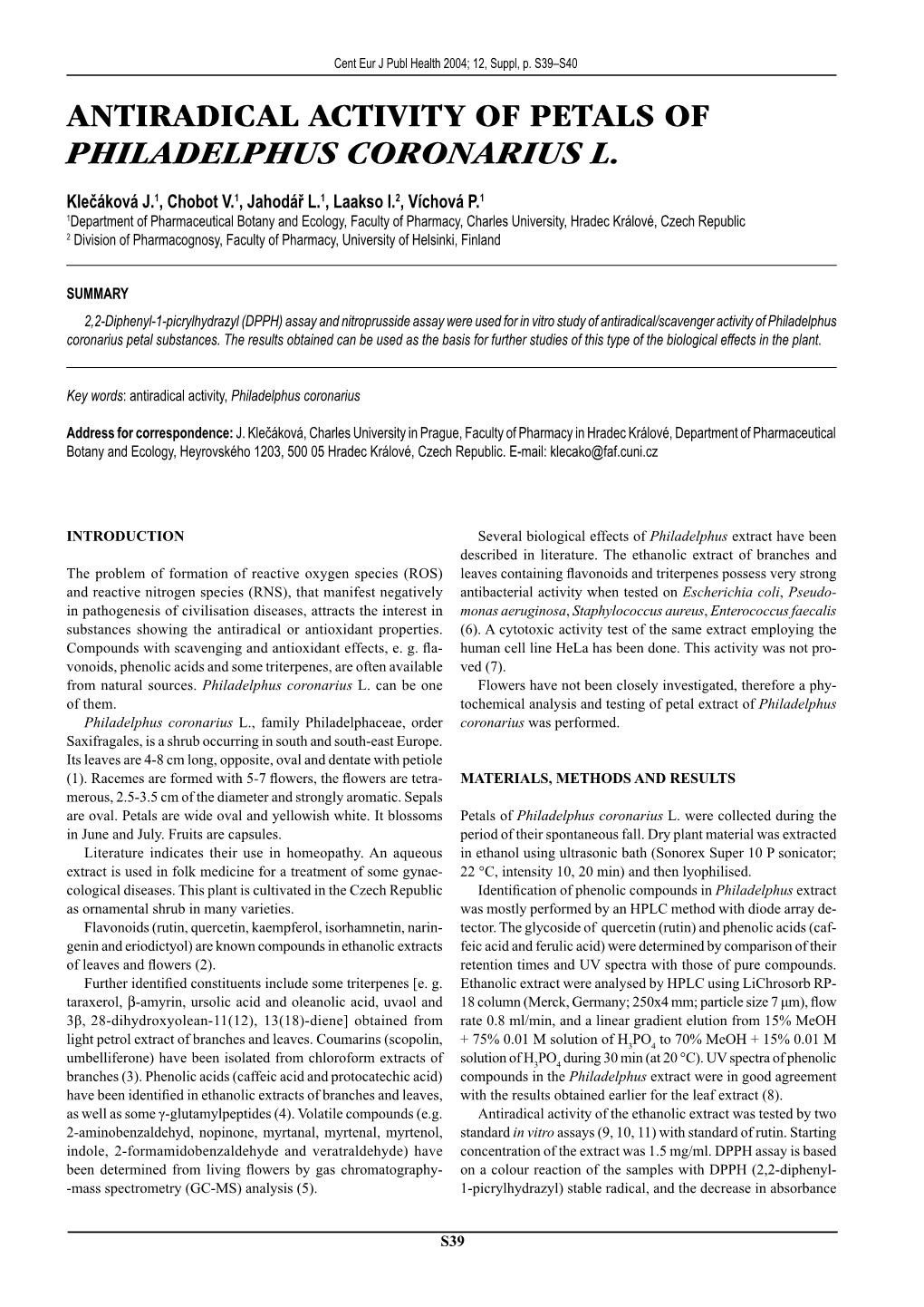 Antiradical Activity of Petals of Philadelphus Coronarius L