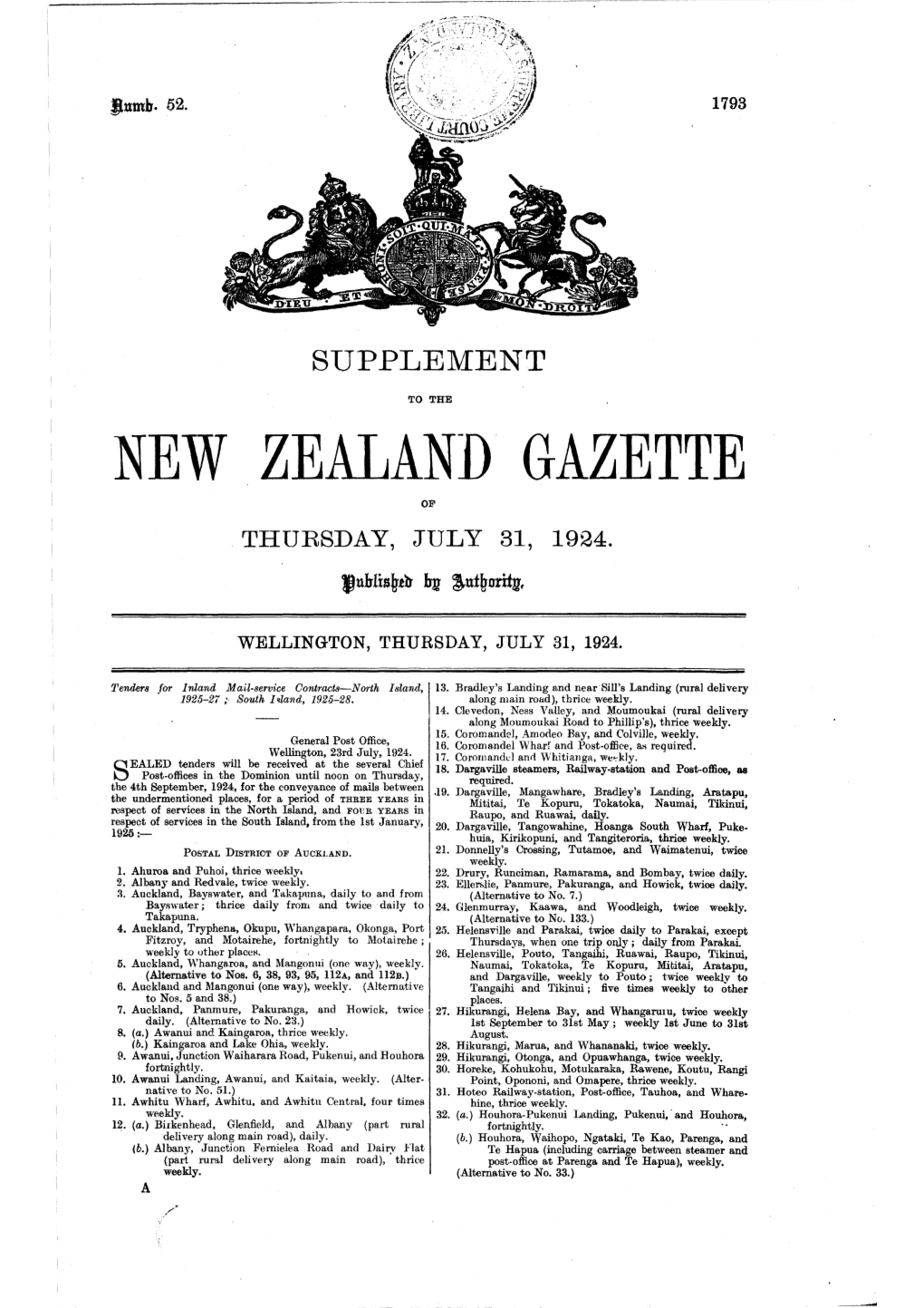 New Zealand. Gazette of Thursday, July 31, 1924