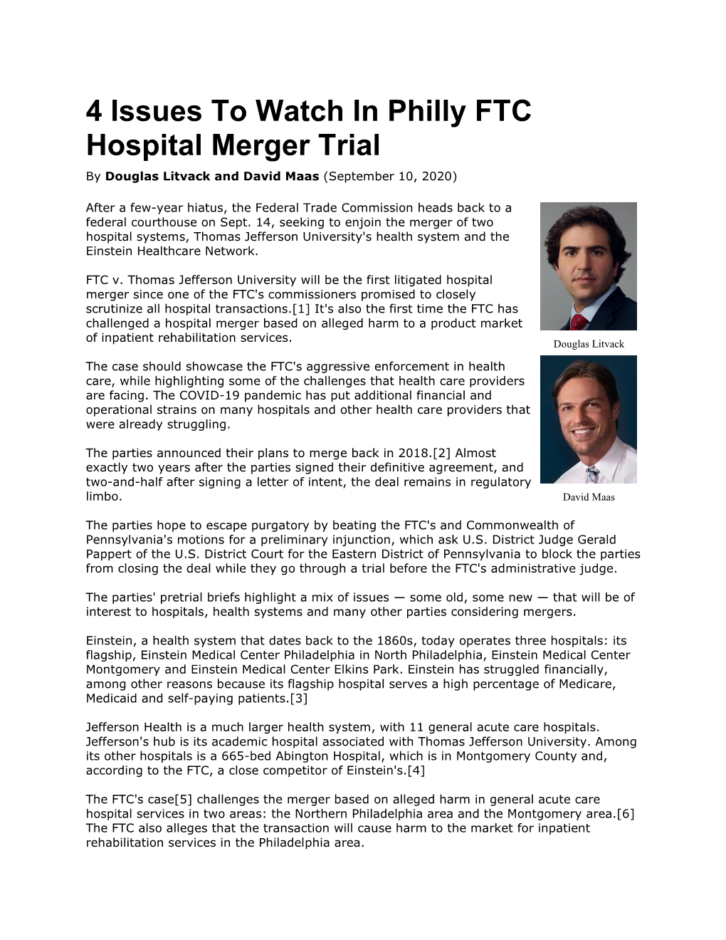 4 Issues to Watch in Philly FTC Hospital Merger Trial by Douglas Litvack and David Maas (September 10, 2020)