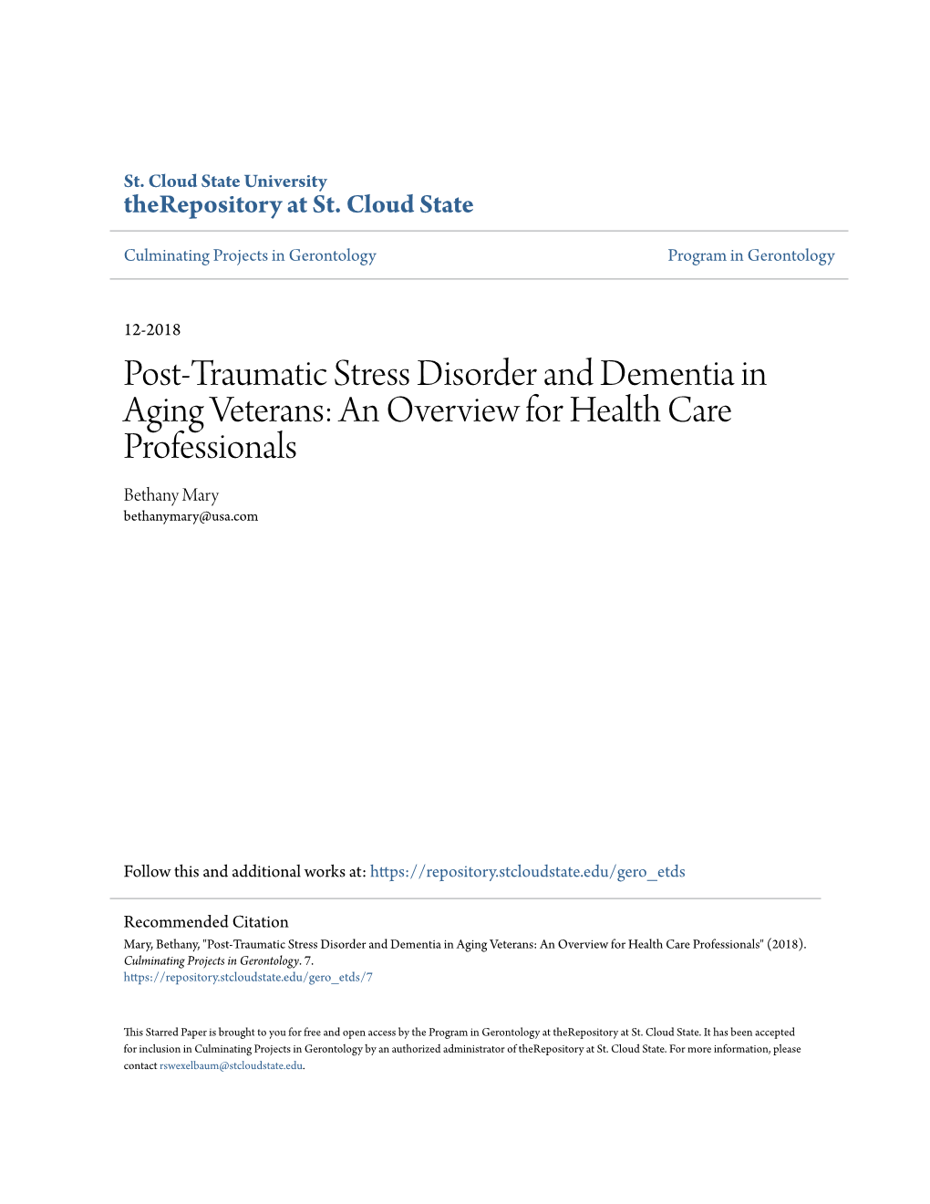 Post-Traumatic Stress Disorder and Dementia in Aging Veterans: an Overview for Health Care Professionals Bethany Mary Bethanymary@Usa.Com