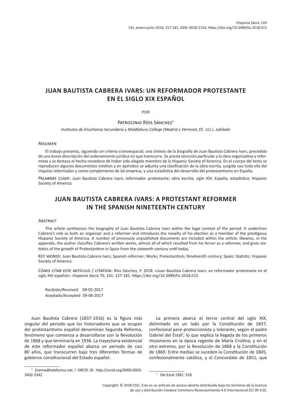 Juan Bautista Cabrera Ivars: Un Reformador Protestante En El Siglo Xix Español